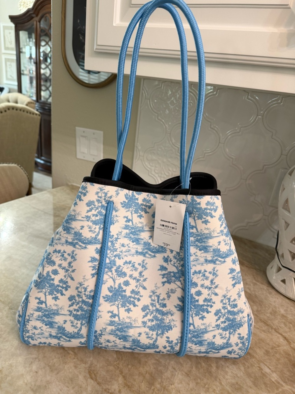 Kirkland's Blue Toile Neoprene Tote & Pouch Set NWT